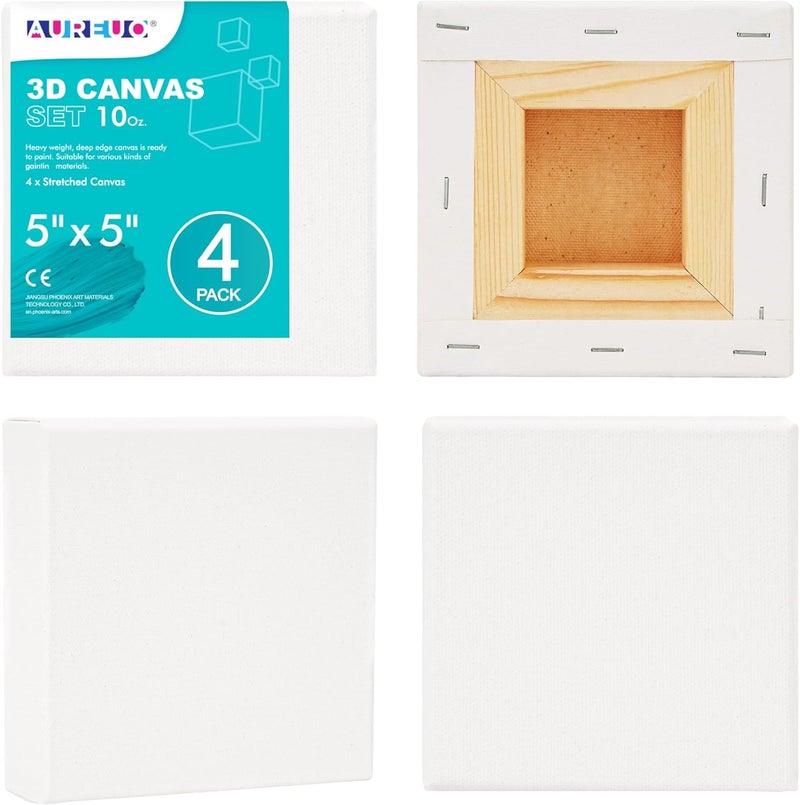 AUREUO 5x5 Inch Gallery Wrapped Canvas - 1.5 Inch Depth 4 Pack - 10 Oz Triple Gesso Primed 100% Cotton Square White Artist Canvases for Acrylic & Oil Paints - Image 1